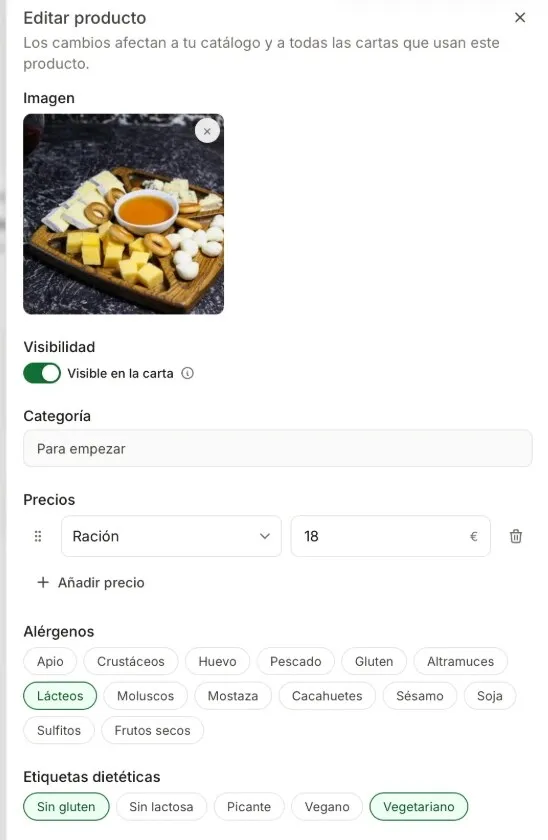 Panel de administración de Oh My Menu con la ficha de un plato: los alérgenos marcados y, debajo, las etiquetas dietéticas con "Sin gluten" y "Vegetariano" seleccionadas