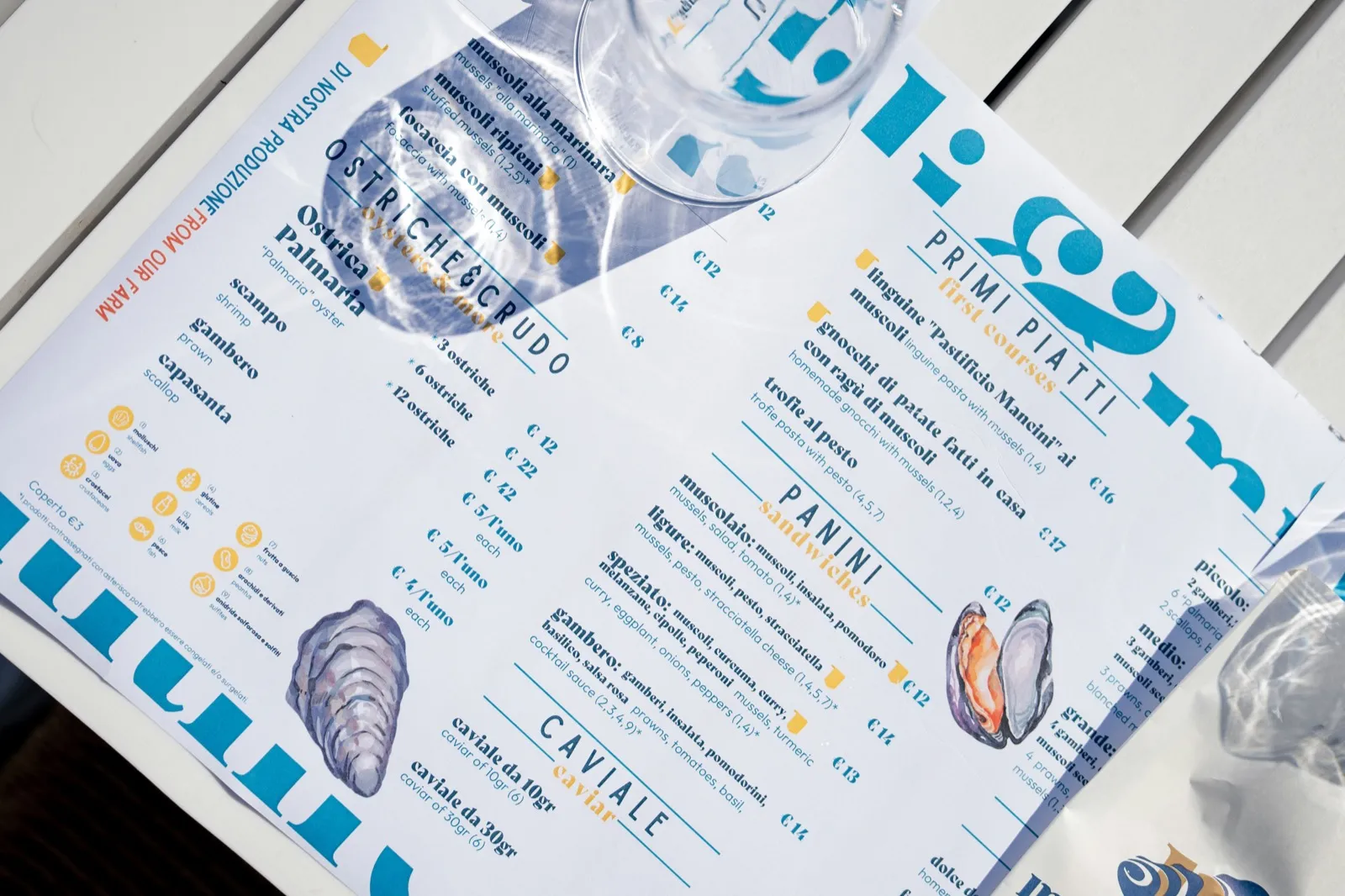 Carta de restaurante sobre una mesa, con los alérgenos de cada plato indicados con códigos numerados y una leyenda de iconos de alérgenos en el margen