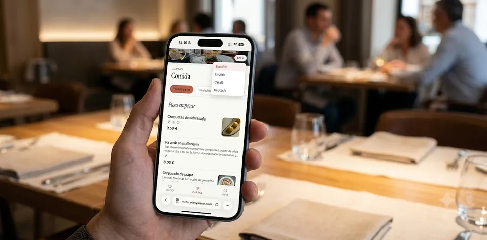 Mano sosteniendo un móvil que muestra una carta en varios idiomas en una mesa de restaurante con clientes al fondo