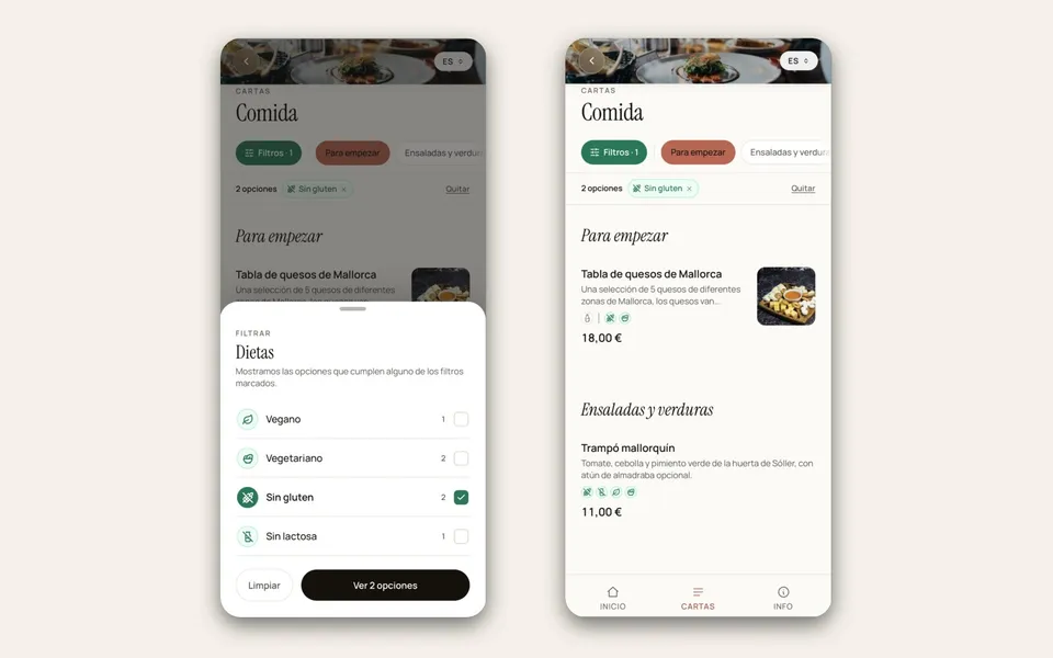 Carta digital en dos móviles: a la izquierda el filtro de dietas abierto con las etiquetas disponibles y a la derecha la carta mostrando solo los platos sin gluten