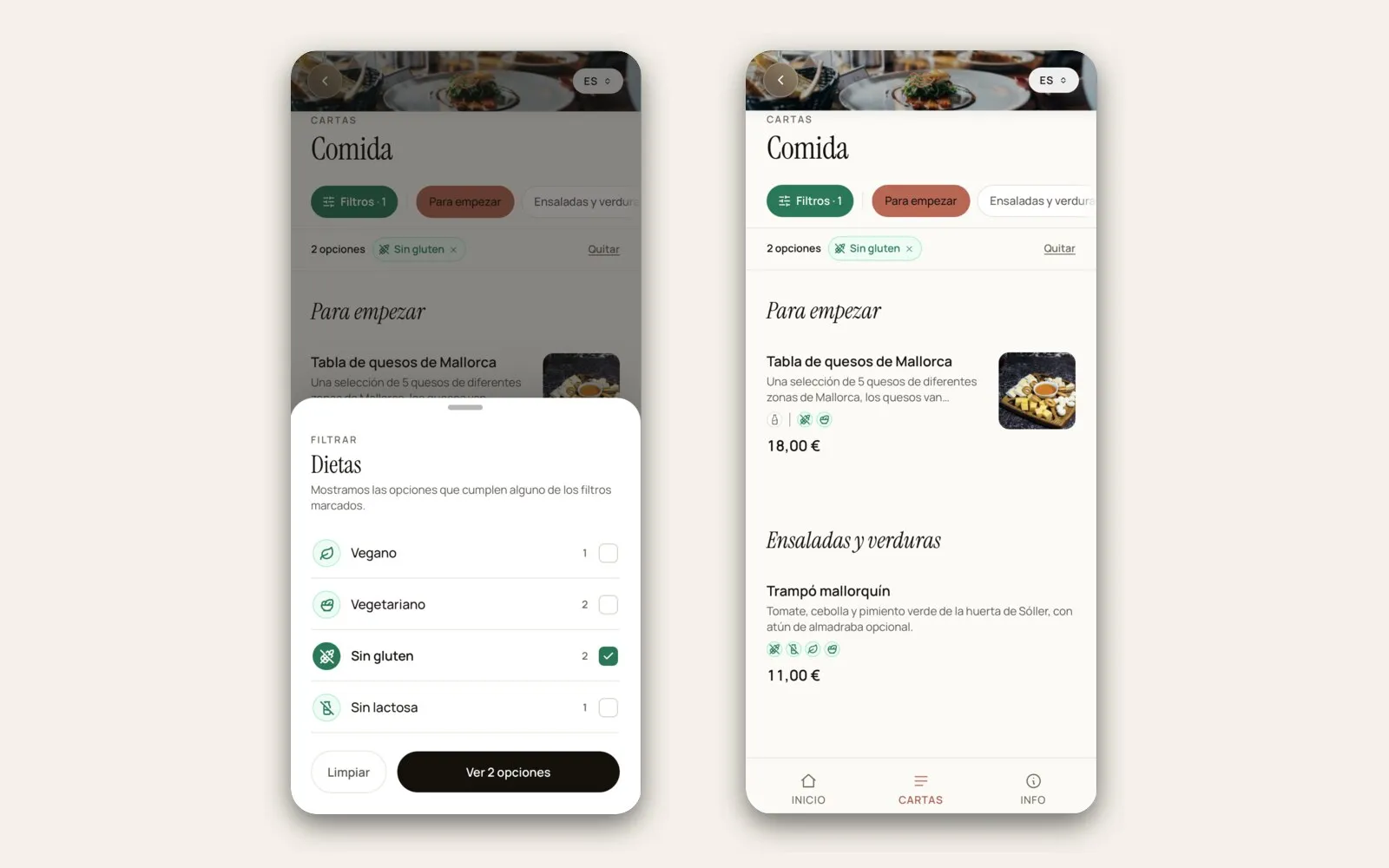 Carta digital en dos móviles: a la izquierda el filtro de dietas abierto con las etiquetas disponibles y a la derecha la carta mostrando solo los platos sin gluten