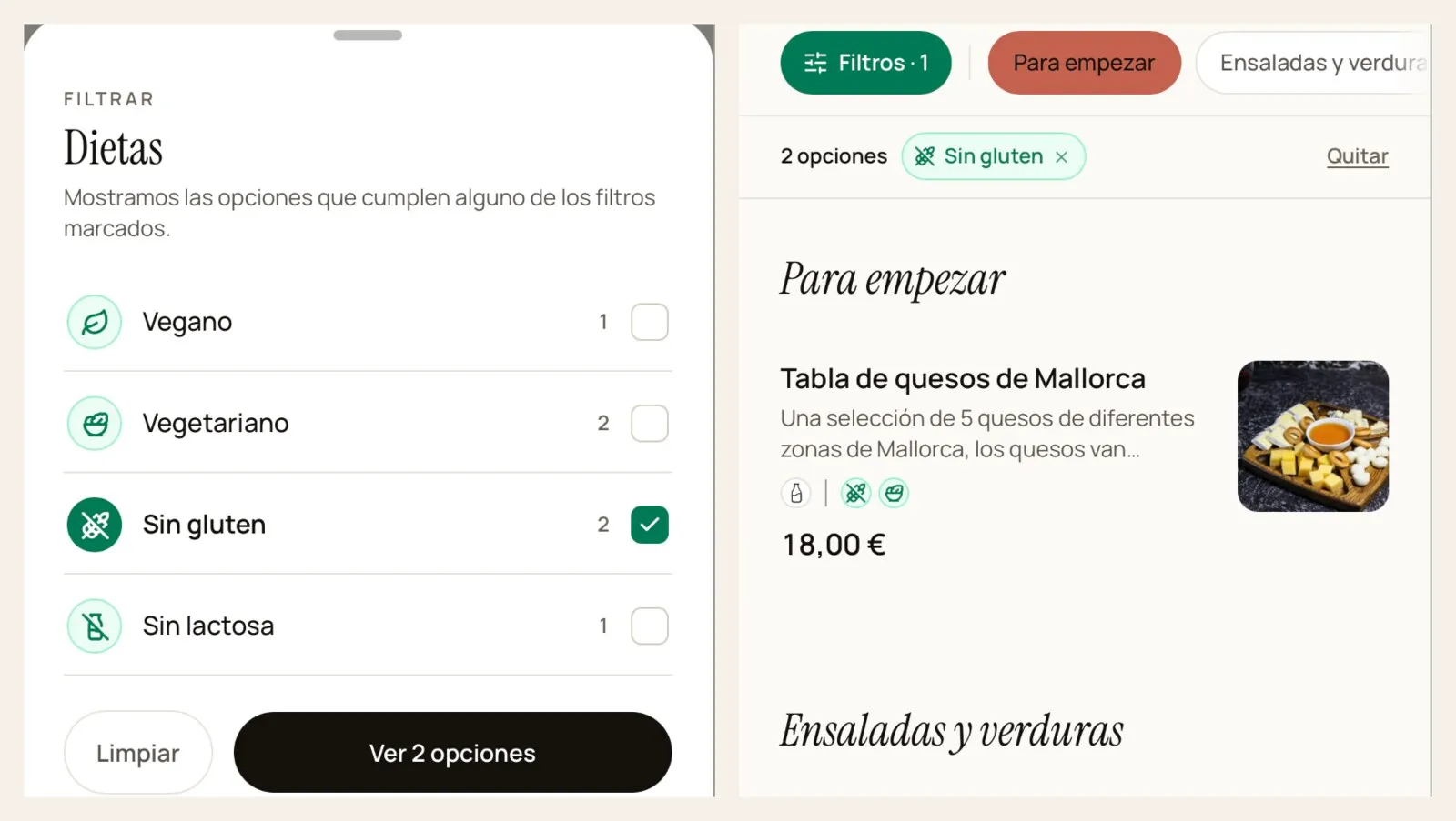 Filtro de dietas de la carta digital: a la izquierda la lista de etiquetas con el número de platos de cada una, a la derecha la carta filtrada mostrando solo las dos opciones sin gluten