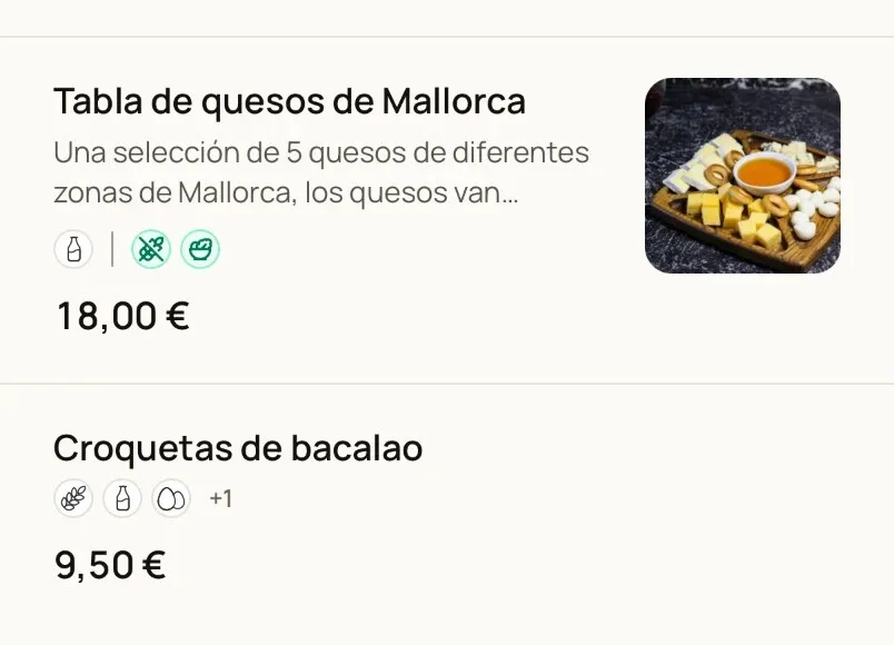 Platos de una carta digital con sus iconos: los alérgenos a un lado y las etiquetas dietéticas de sin gluten y vegetariano al otro