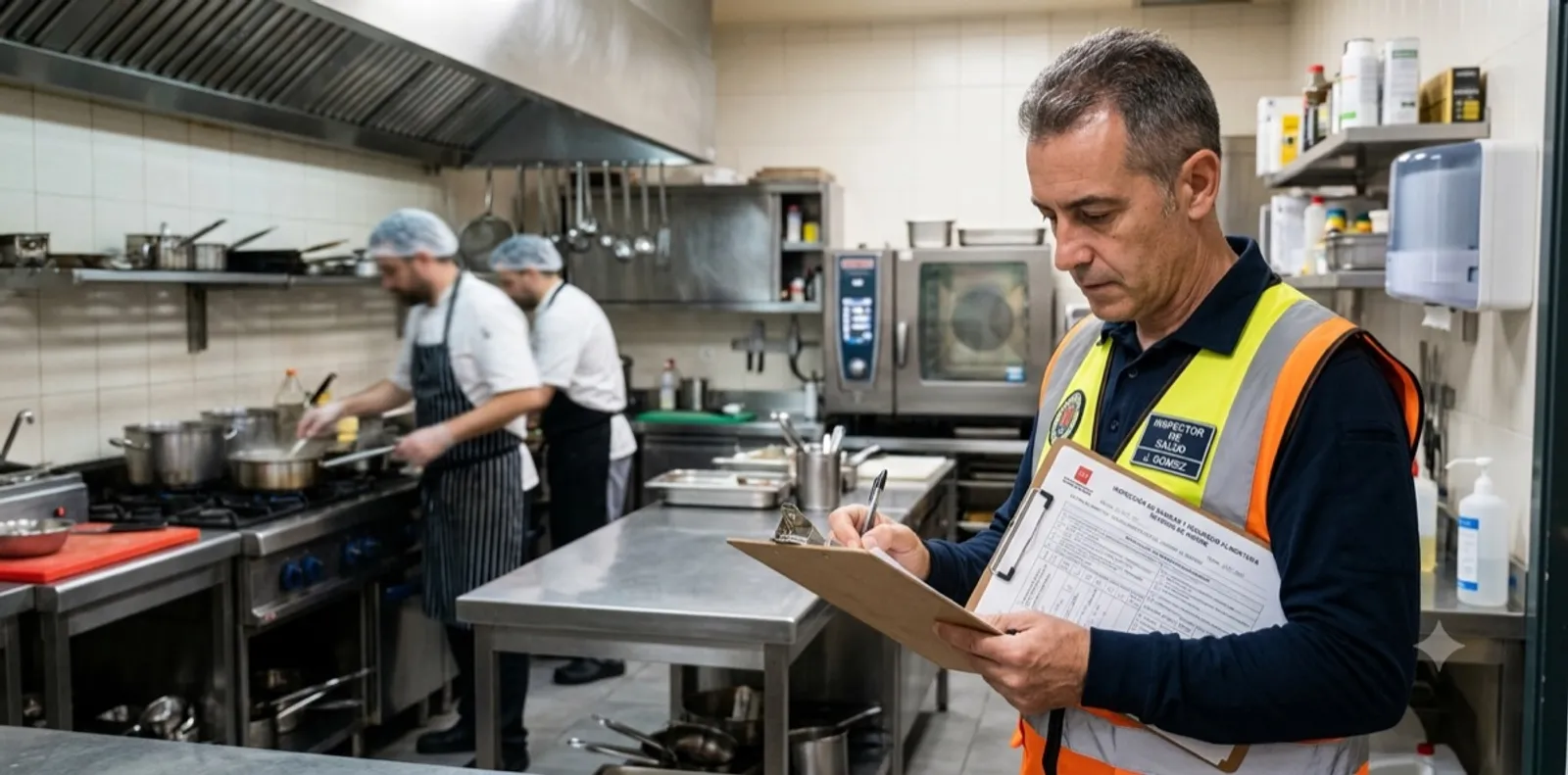 Inspector revisando documentación en la cocina de un restaurante con un portapapeles