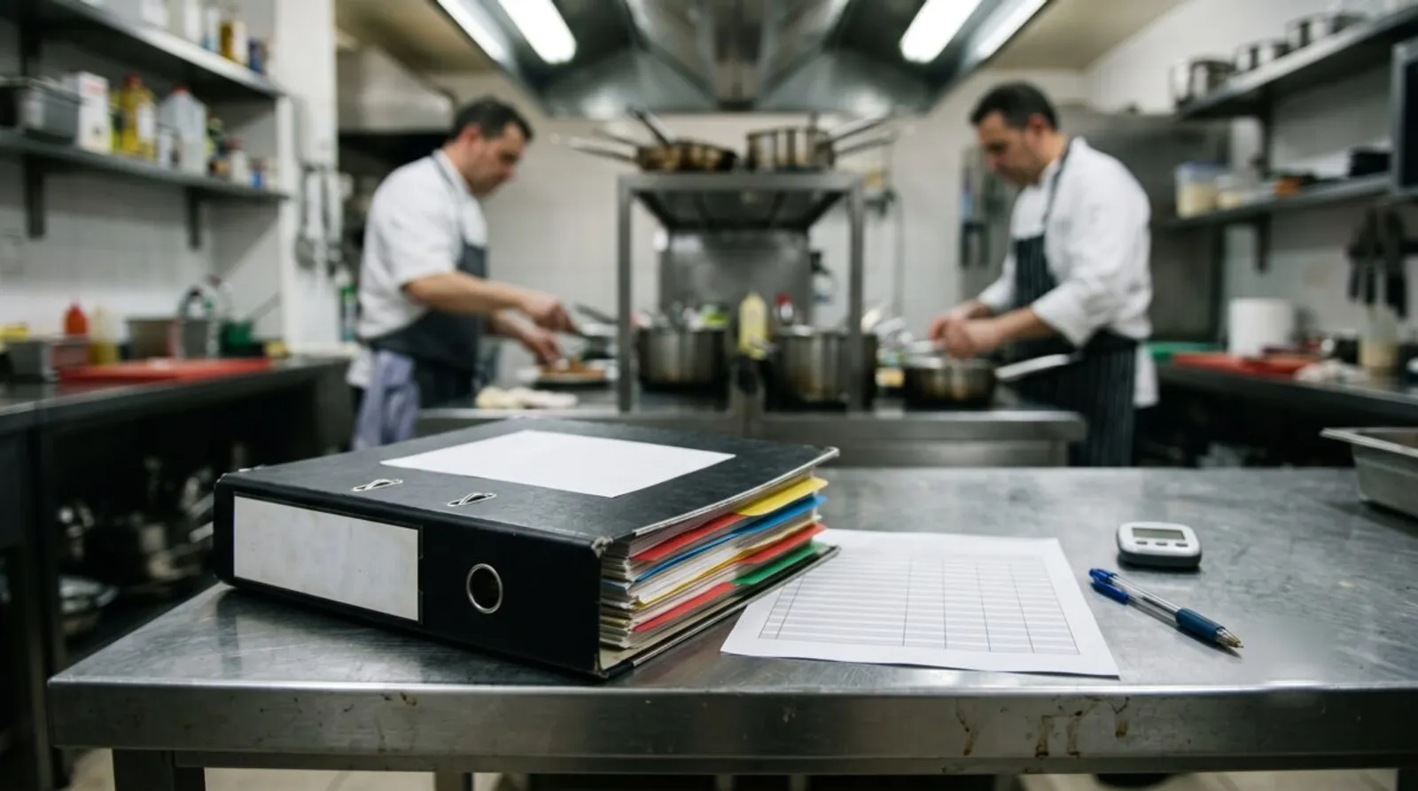Archivador de documentación de seguridad alimentaria y plan de autocontrol APPCC sobre la mesa de acero de una cocina profesional, junto a una hoja de registro y un termómetro