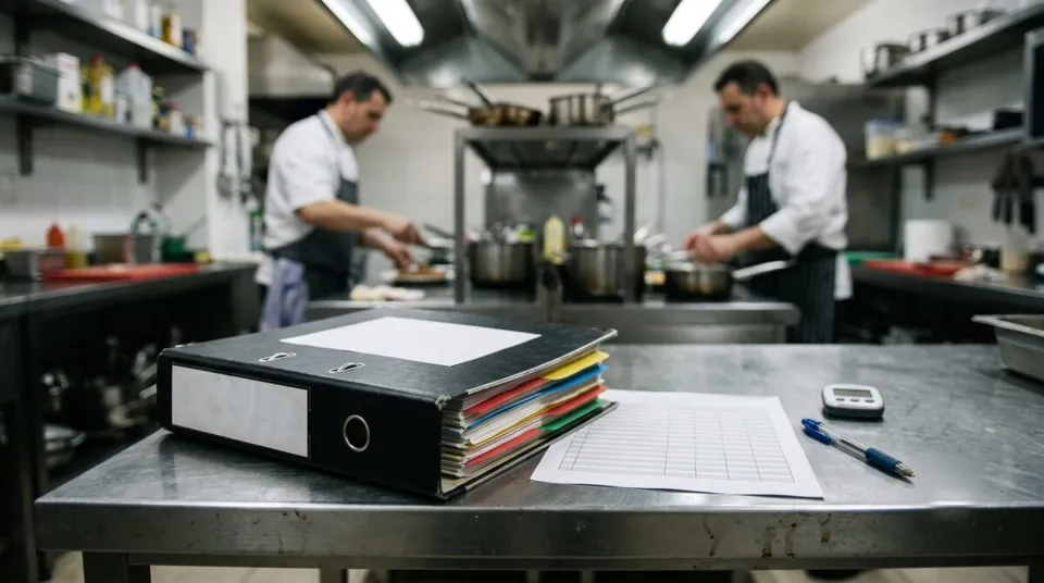 Archivador de documentación de seguridad alimentaria y plan de autocontrol APPCC sobre la mesa de acero de una cocina profesional, junto a una hoja de registro y un termómetro