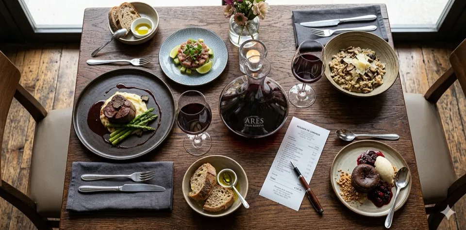 Mesa de restaurante vista cenital con varios platos, vino y postre, una comanda con ticket medio alto